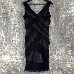 Tadashi Shoji Size 8 Silk V Neck Knee Length Sheath Dress Black Sleeveless Zip